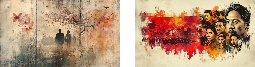 Two evocative, mixed-media artworks: the left shows a misty landscape with two silhouetted figures walking near a barren tree and subtle blossoms, creating a reflective and serene atmosphere. The right features a dramatic collage of portraits over a red and orange backdrop, highlighting a group of individuals linked by a shared, intense narrative, symbolizing collective struggle or history.