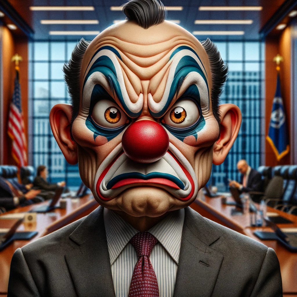 Caricature of an angry SEC chairman with exaggerated, clownish features. The character is portrayed with a comically large head, oversized, expressive eyes showing anger, and a red clown nose. He wears a formal suit with a necktie but has clownish makeup and a silly, exaggerated frown. The background is an office setting with finance-related decor, emphasizing the contrast between his serious role and humorous appearance.