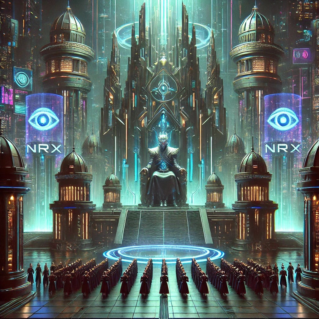 A dystopian digital painting depicting a futuristic society governed by a corporate-monarchical system, inspired by the Neo-Reactionary (NRx) movement. Towering structures resembling both royal castles and high-tech corporate headquarters dominate the cityscape. A cybernetic ruler sits on a throne in a grand hall surrounded by holographic surveillance displays, symbolizing techno-authoritarianism. The color palette is dark and moody, with neon lights casting an eerie glow. The scene exudes a sense of order, hierarchy, and power, representing the ideology's vision of structured governance.