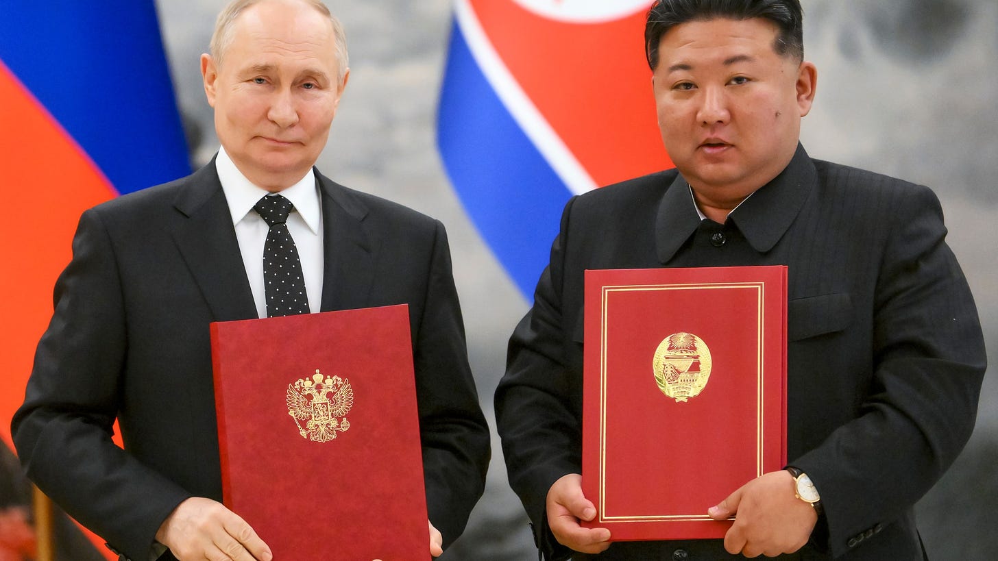 FILE - Russian President Vladimir Putin, left, and North Korea's leader Kim Jong Un pose for a photo during a signing ceremony of the new partnership in Pyongyang, North Korea, on June 19, 2024. (Kristina Kormilitsyna, Sputnik, Kremlin Pool Photo via AP, File)