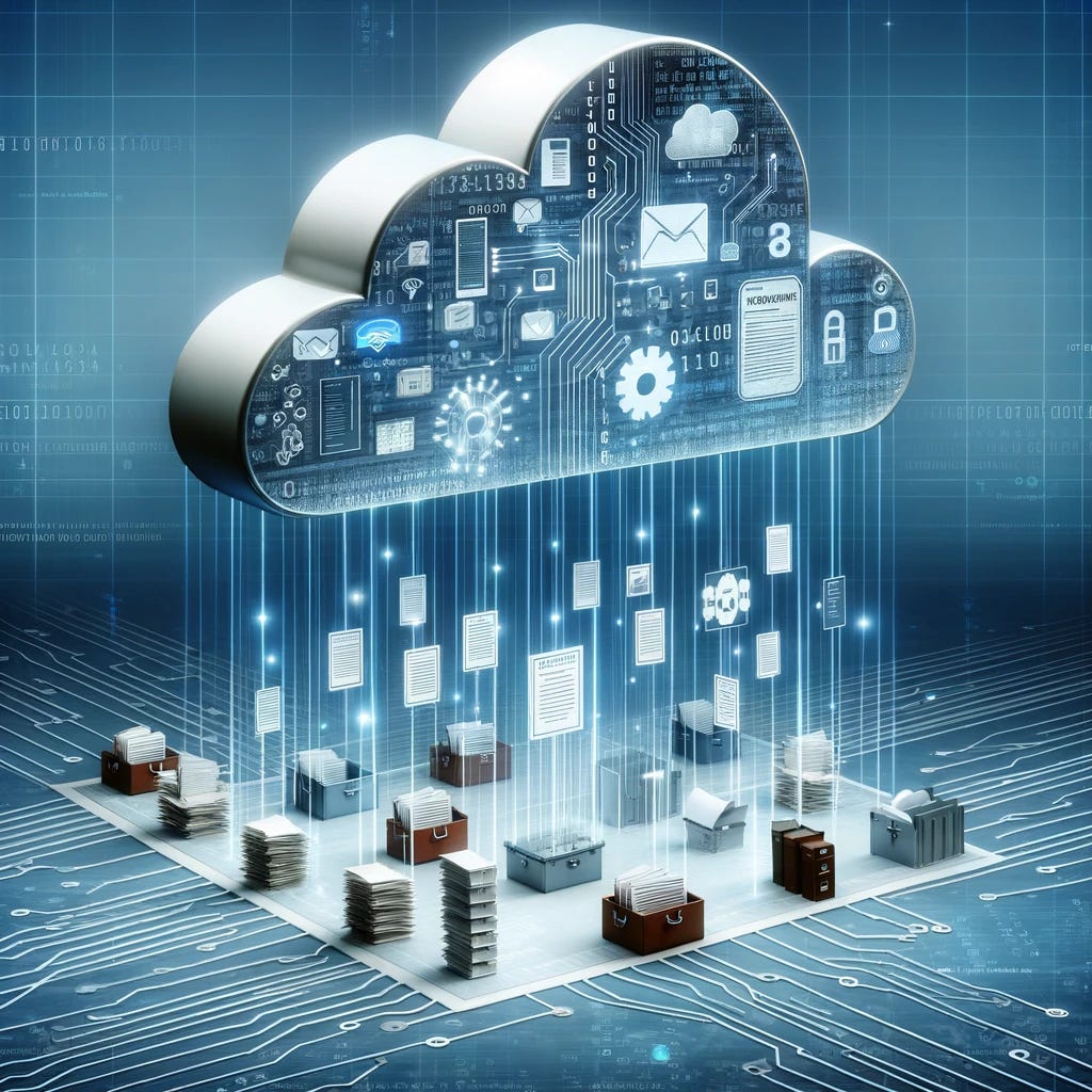 A conceptual digital artwork representing cloud storage for records management. The image should show a stylized cloud composed of digital elements like circuit patterns and binary code, symbolizing technology and data storage. Beneath the cloud, various types of business documents such as contracts, financial sheets, and employee files are ascending into the cloud, indicating they are being stored digitally. The background should be a serene blue to emphasize security and tranquility in data management. The overall look should be modern and tech-focused.