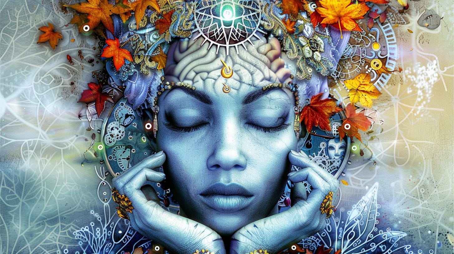 a mystical figure in meditation pose, triple-exposed: one layer shows a luminous brain with flowing ideas, another shows an anatomical body with clock gears and autumn leaves, and the third shows ethereal spiral energy. Soft morning light, muted blues and golds, sacred geometry overlays, volumetric fog, octane render, intricate details