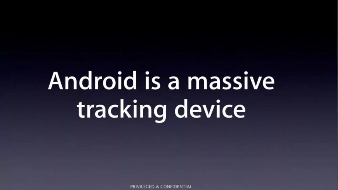 Photo by Subrahmanyam KVJ on November 02, 2023. May be a meme of phone, screen, tablet and text that says 'Android is a massive tracking device PRIVILEGED&CONFIDENTIAL CONFIDENTIAL'.