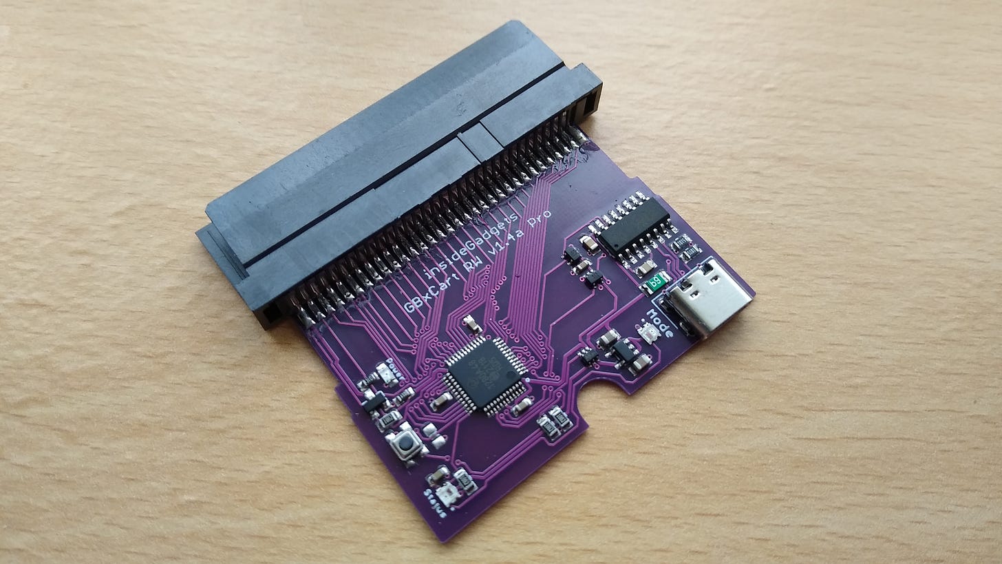 The GBxCart is a device that will allow you to backup game data from Game Boy, Game Boy Color, and Game Boy Advance titles.
