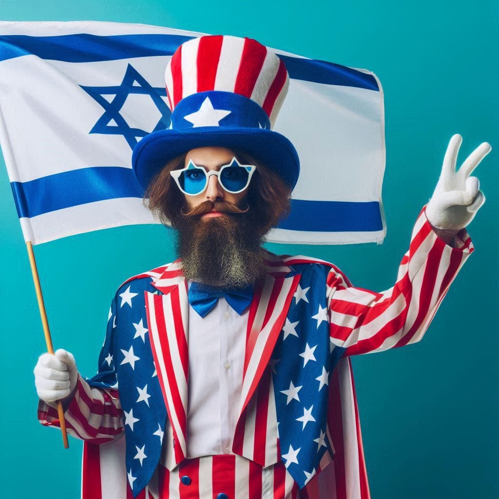 The United States of Freier-dom, where simping for Israel is a way of life … A skinny hipster dressed as Uncle Sam waving an Israeli Flag and celebrating America's "greatest ally."