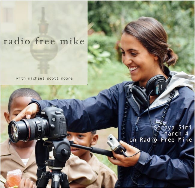 Filmmaker Soraya Simi, behind a camera, in an ad for the Radio Free Mike podcast