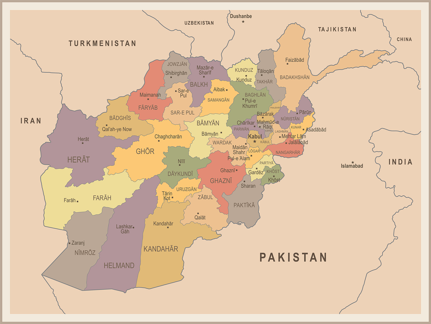 A map of Afghanistan showing its major cities, divisions and neighboring countries