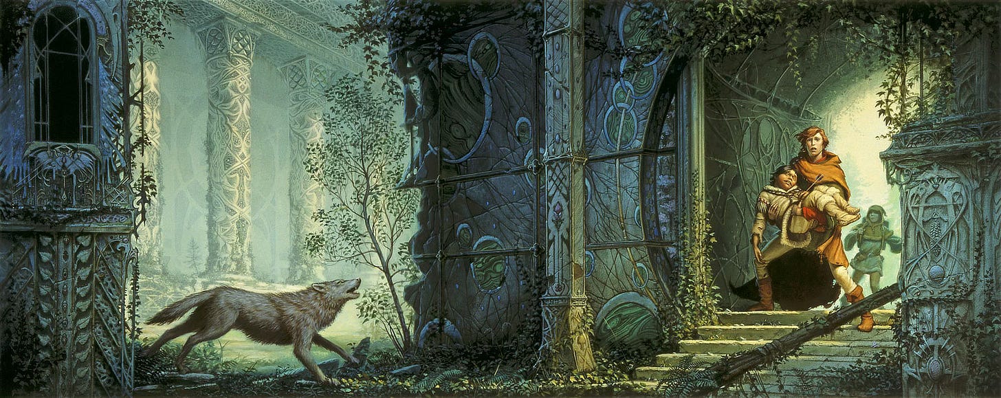 With face etched in concern, a red-haired young man emerges through a circular archway into ancient ruins. In his arms, he cradles a small man with an arrow piercing his stomach. The man is slight in stature and has a youthful face—he could be mistaken for a child. Trailing behind is another figure outfit in wilderness garb and pack. The architecture has a distinctly elven feel, slightly overgrown. In the foreground left, a wolf howls as if acknowledging their approach. Deeper int he background, a series of ornate pillars obscure a larger facade, hinting at the depth of the ruins.