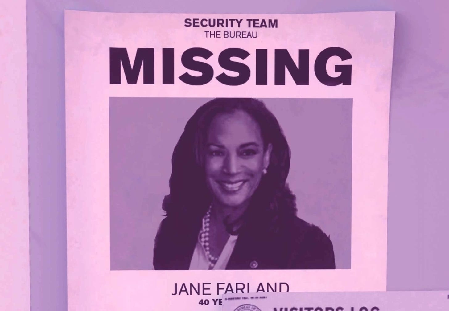 Video game screenshot showing a poster that says MISSING and shows a woman who looks like Kamala Harris