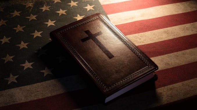 Bible with cross on American flag Bible with cross on American flag