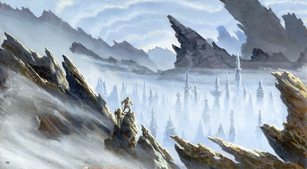 Cresting a ridge, two explorers take in the view of an ancient, alien city nestled in an arctic mountain range. Intricate spires rise out of a mist of windblown snow. Between the angled peaks of mountains, the sky radiates aurora-like waves rendered in white and gray-blue