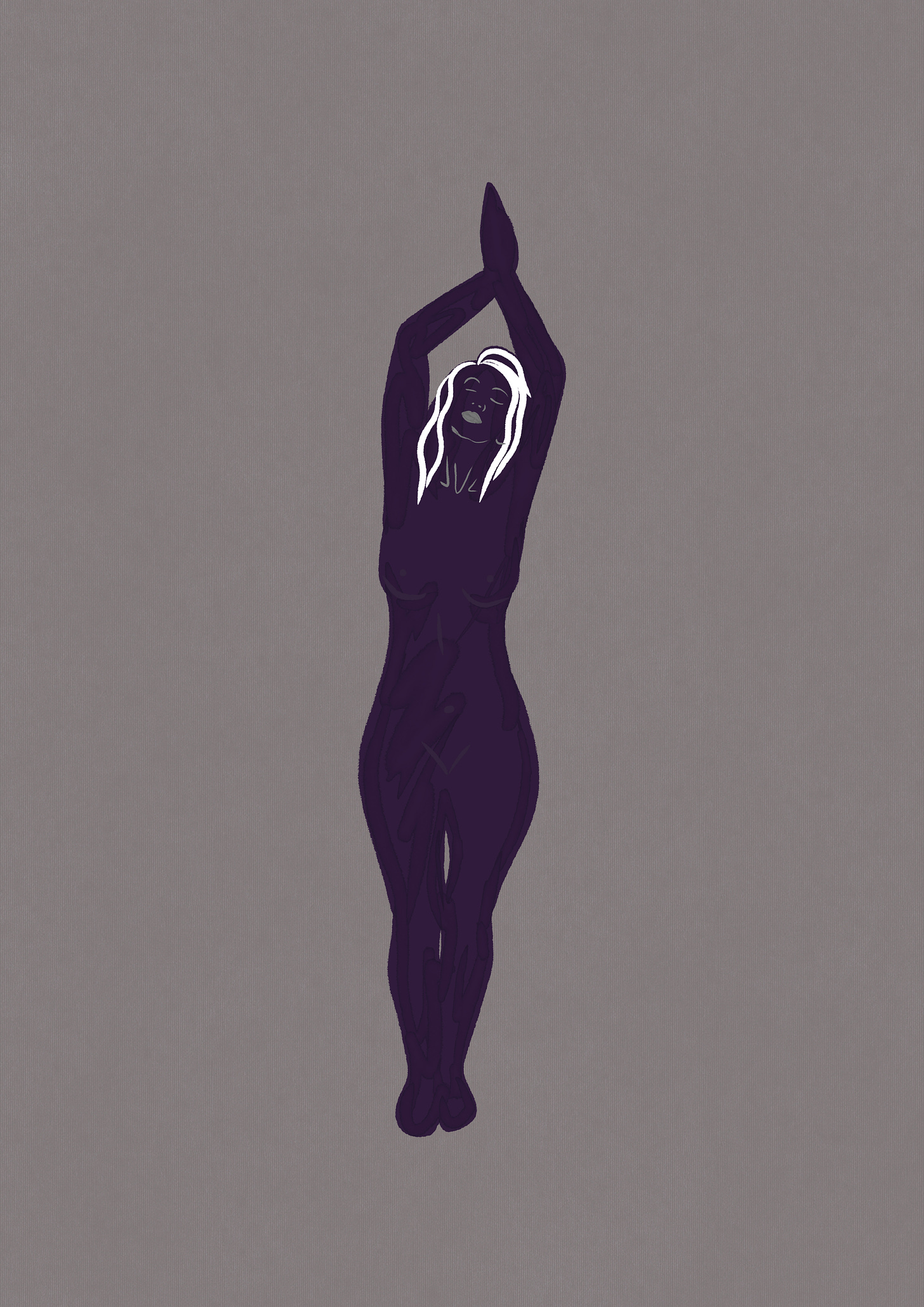Illustration of a woman in dark purple on a grey background, with her arms above her head and her face conveys calm, peace, relaxation and acceptance, with her eyes closes. Artwork by Tamzin Merivale Art