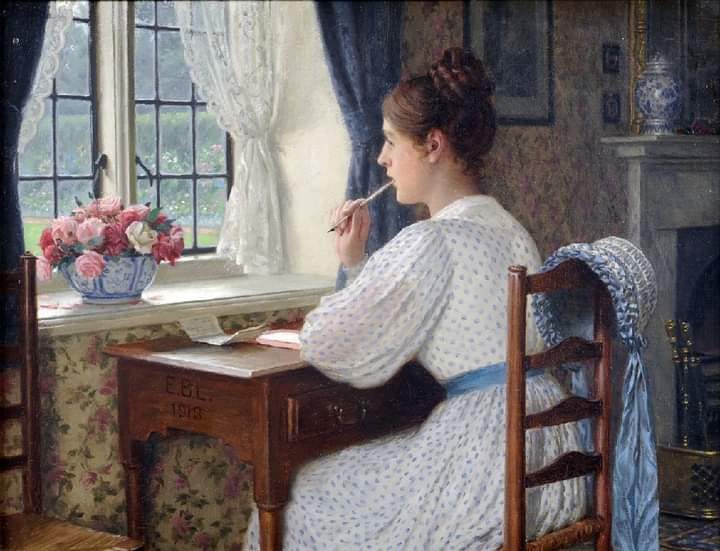 Painting of a woman sitting at her writing desk, holding her pen up to her mouth and looking out the window. 