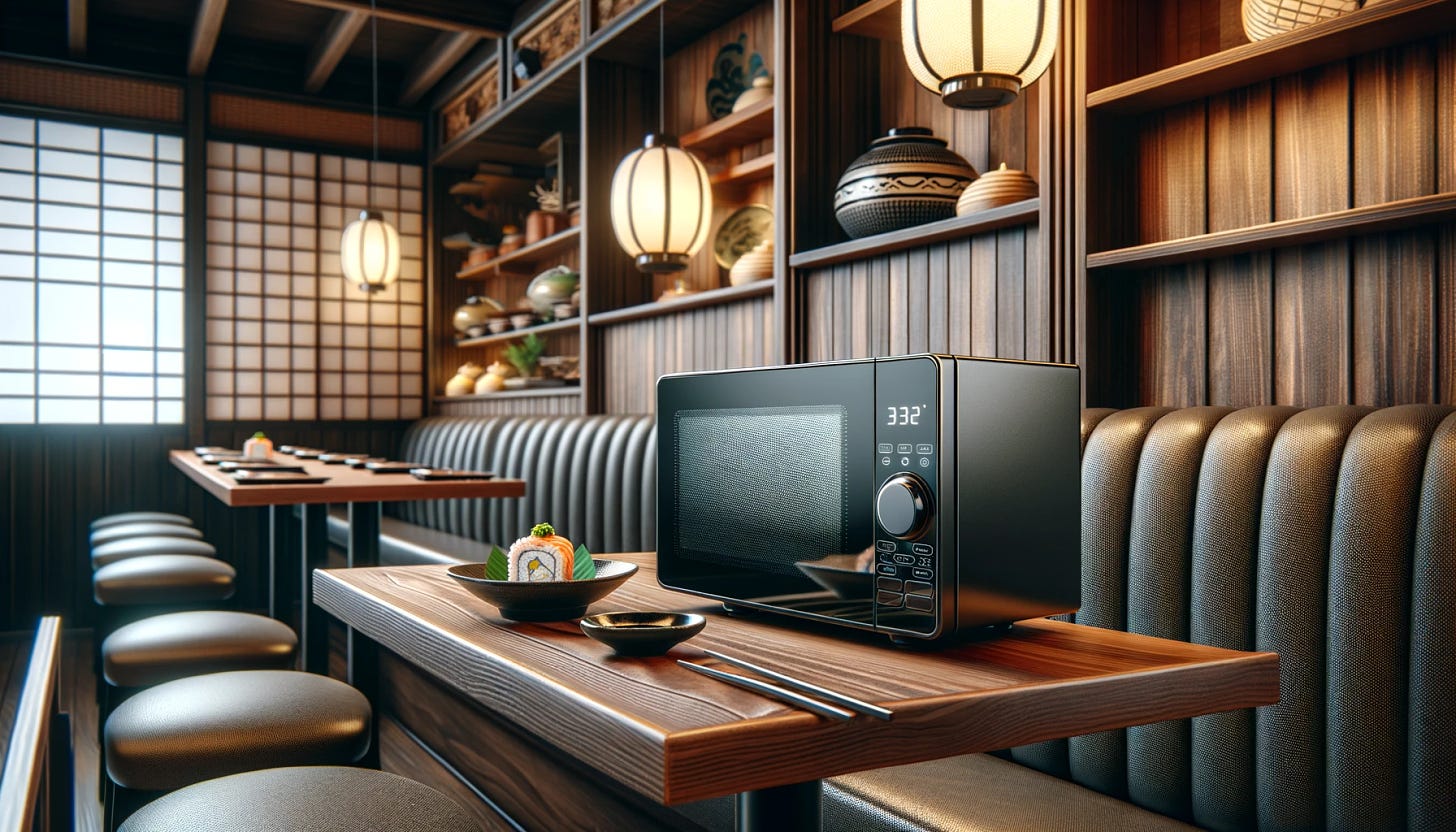 A sleek, modern microwave oven sitting on a wooden table in the cozy booth of a sushi restaurant. The restaurant has traditional Japanese decor, with lanterns and sushi plates visible in the background. The booth is made of polished wood with comfortable seating. The microwave is the central focus, with a sushi roll placed beside it to suggest the testing process.