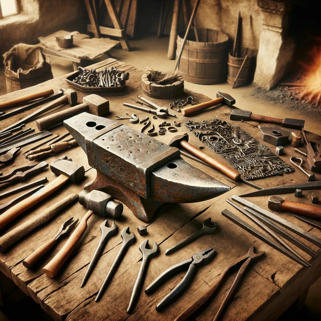 Create a simple, detailed image of an ancient metal worker's worktable, set in a rustic, historical setting. The worktable is wooden, weathered by years of use, and covered with traditional metalworking tools of the era. Visible tools include hammers, tongs, chisels, and anvils, alongside pieces of raw metal and partially finished metalwork pieces, suggesting the ongoing work of crafting tools or ornaments. The background hints at a simple, ancient workshop environment, possibly with a forge or fire in the background, emphasizing the traditional methods of metalworking.