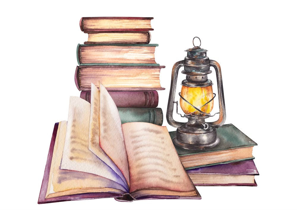 Stack of books, open book and a cool lantern