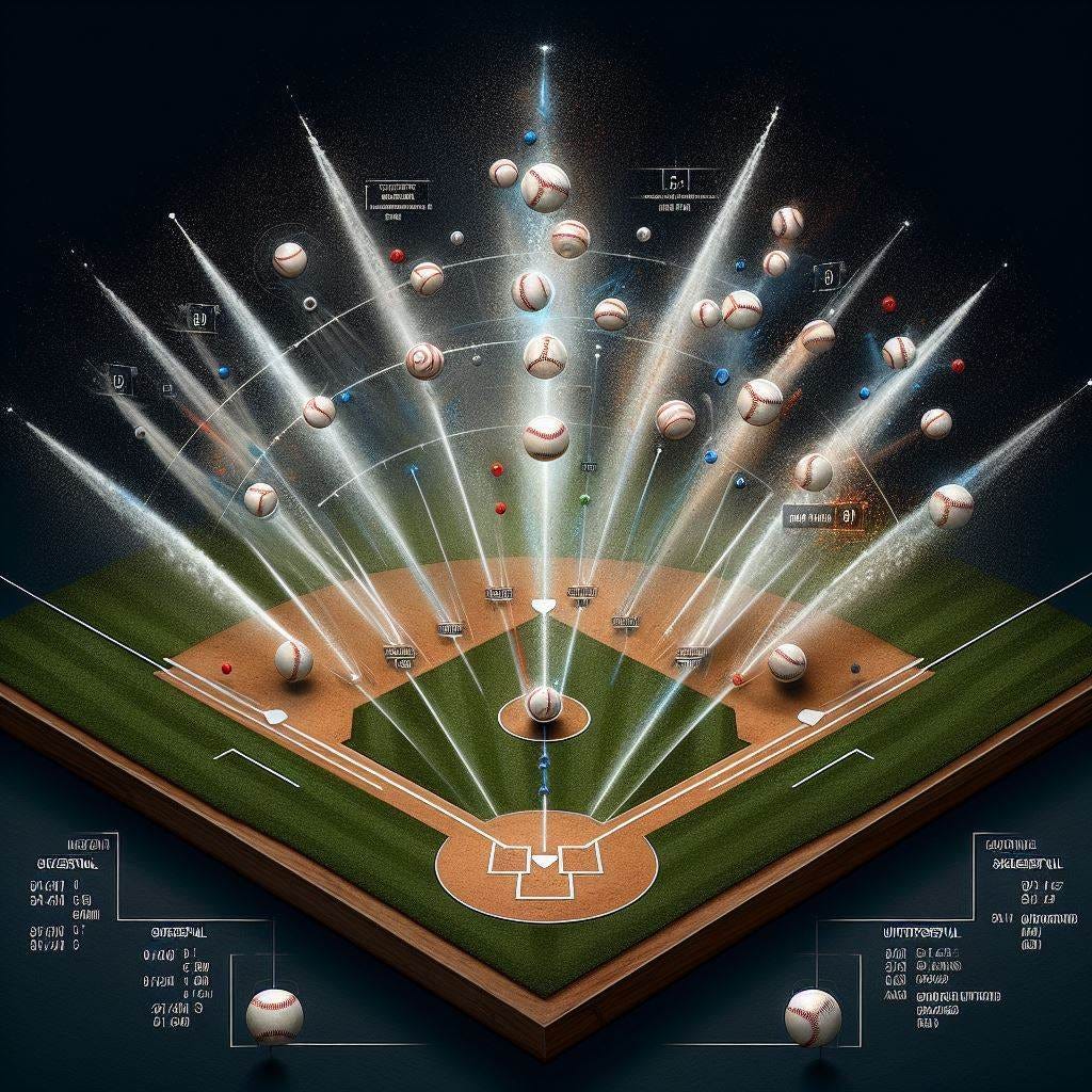 a baseball spray chart of hits on a diamond with successful and unsuccessful strategies lighter