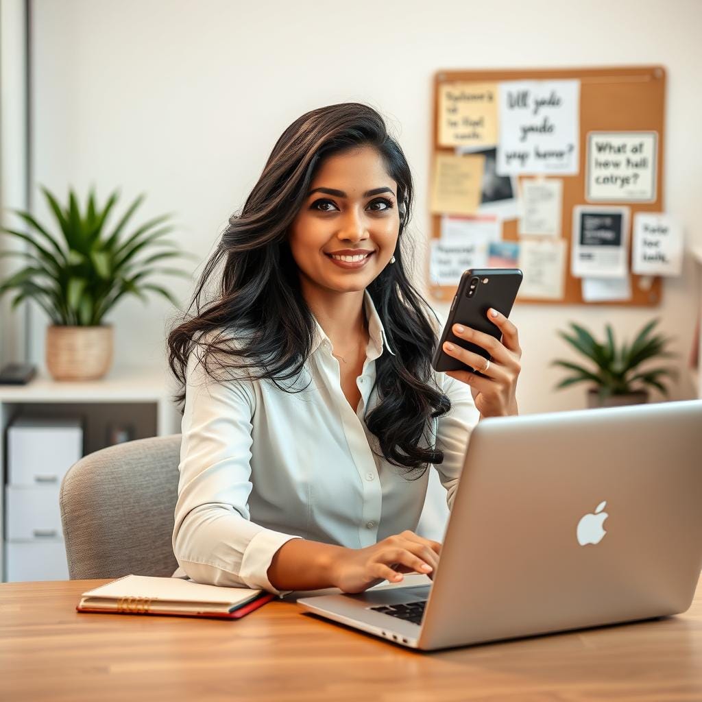 Smiling woman in white shirt works on her laptop with her cell phone on her hand in an office