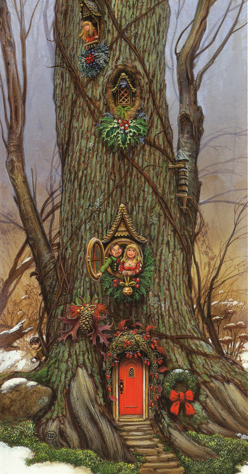 A plump elvish couple poses at the open window of their house, which is literally a tree. A wreath borders the round window. Below the red door is similarly decorated. Their son is clutching a snowball, hidden just around the trunk while their daughter leans on her elbows out the (4th?) floor window. 