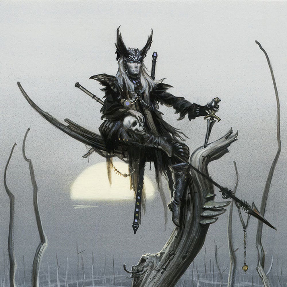 Detail of Elric in black armor and dragon helm seated on the high branch of a dead tree. White hair flows straight over pauldrons that flare like charred moth wings. A skull rests on Elric's leg which rests along the branch, anchoring anchors against his opposite knee for balance. A dagger is planted in the opposite branch. Two fingers wrap the grip as he thumbs the pommel delicately. Beneath his perch the sun glows the palest yellow, the bottom half draped with the bleak atmosphere of the wastelands.