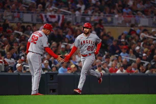 Jared Walsh of the Los Angeles Angels rounds third base en route to scoring a run in the fifth inning against the \Minnesota Twins at Target Field on...