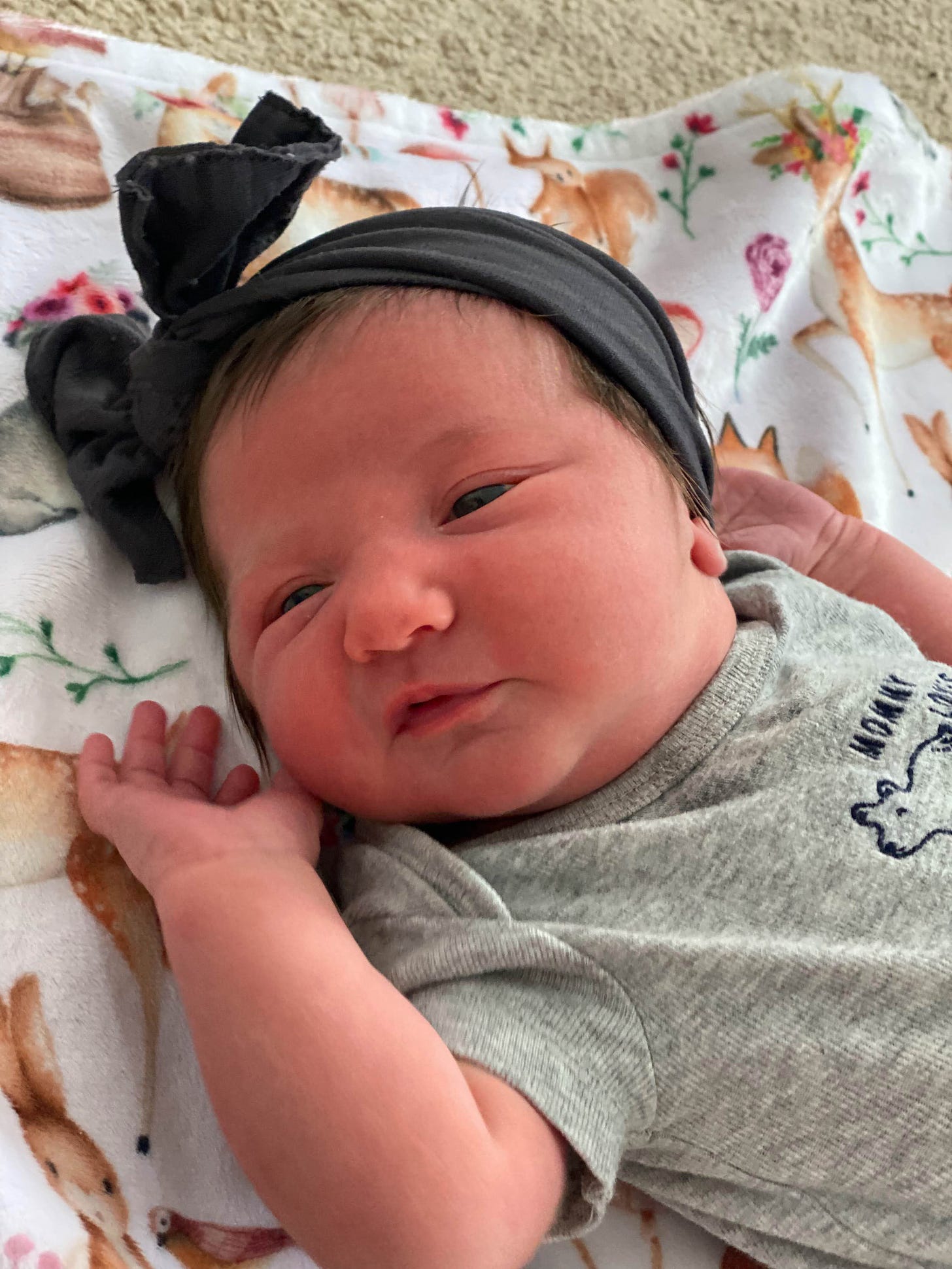 Infant girl wearing a gray onesie and black bow headband.