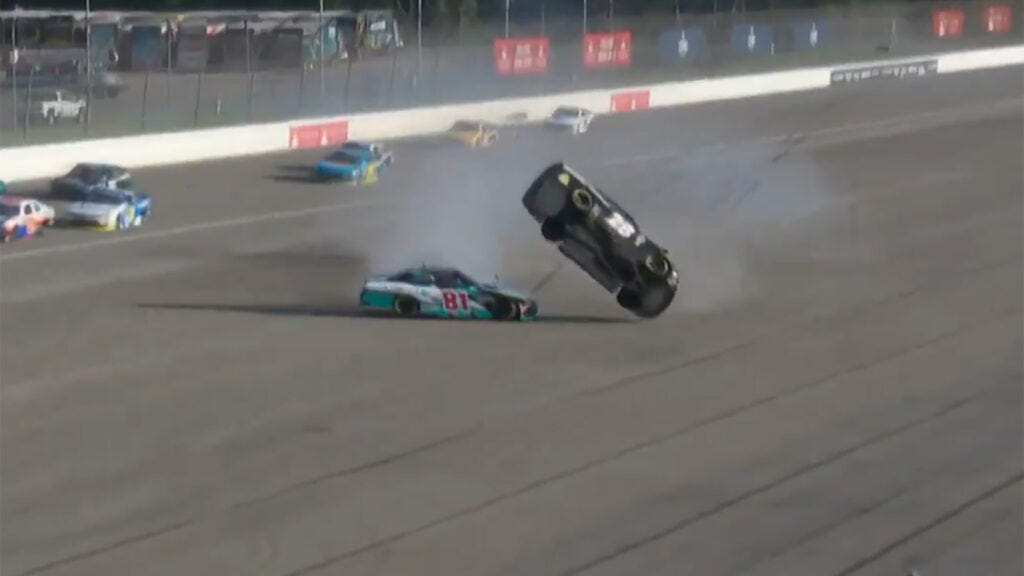 Kyle Sieg flip Michigan International Speedway 2024 Cabo Wabo 250 big crash finish video