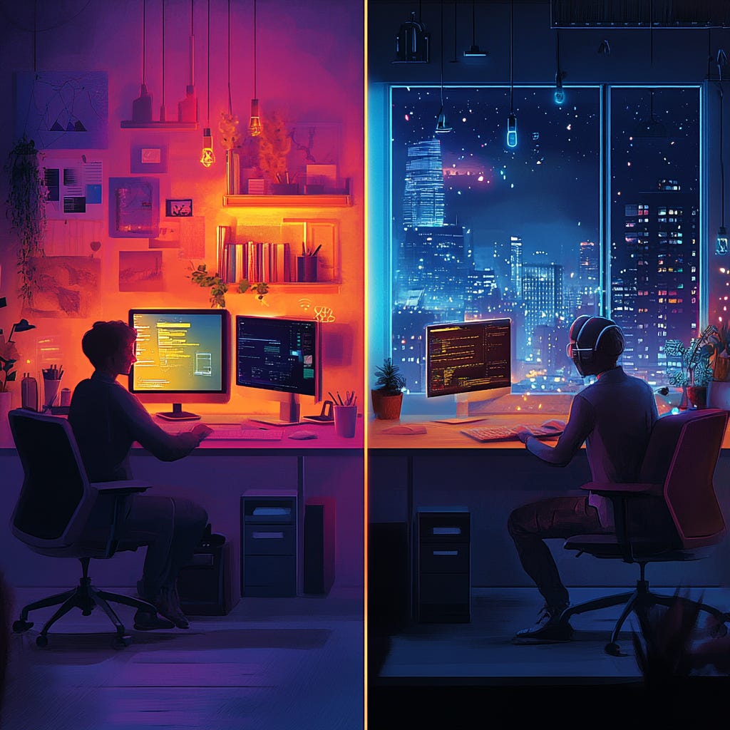  An illustration of a split-screen office: one half a traditional workspace, the other a cozy home office