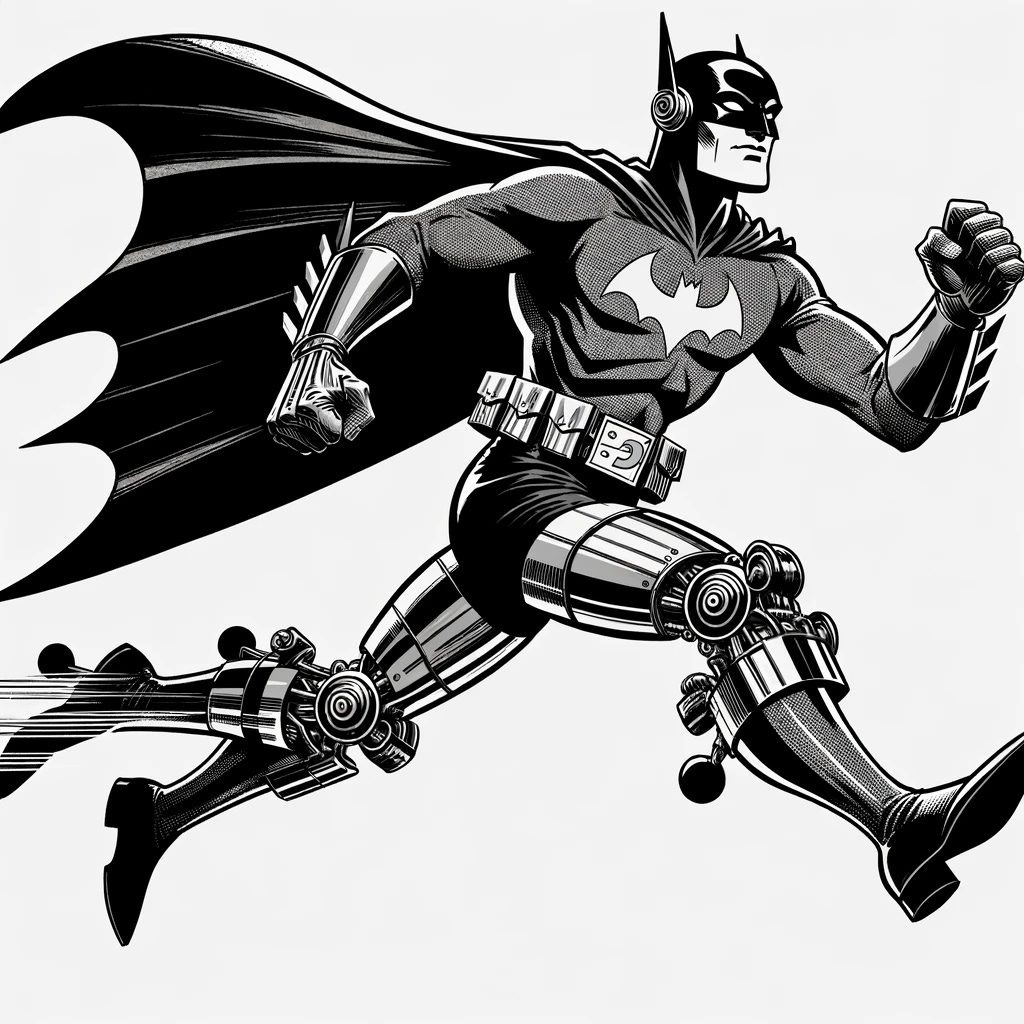 Create an image in the classic 1950's black and white Silver Age comic book style, featuring a superhero with a unique twist. This character wears a costume with a bat logo on the chest and a cowl with pointed ears, reminiscent of the iconic superhero aesthetics from that era. However, diverging from the norm, this superhero is designed with at least three legs, each positioned to suggest rapid motion, as if the character is running. The costume, detailed with the vintage flair of the 1950s comics, includes a utility belt and a cape flowing behind. The background should be minimal, focusing on the character's dynamic, action-packed posture and the innovative anatomy.
