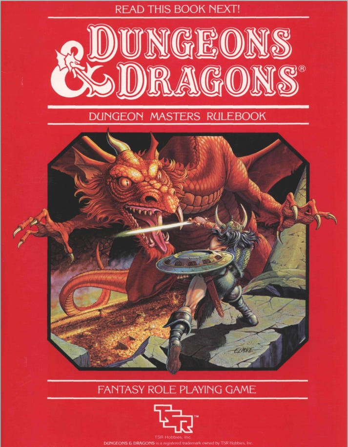 A book cover. The background is red. The top says "Dungeons & Dragons" in a styled serif font. The picture on the box shows a knight fighting a menacing dragon.