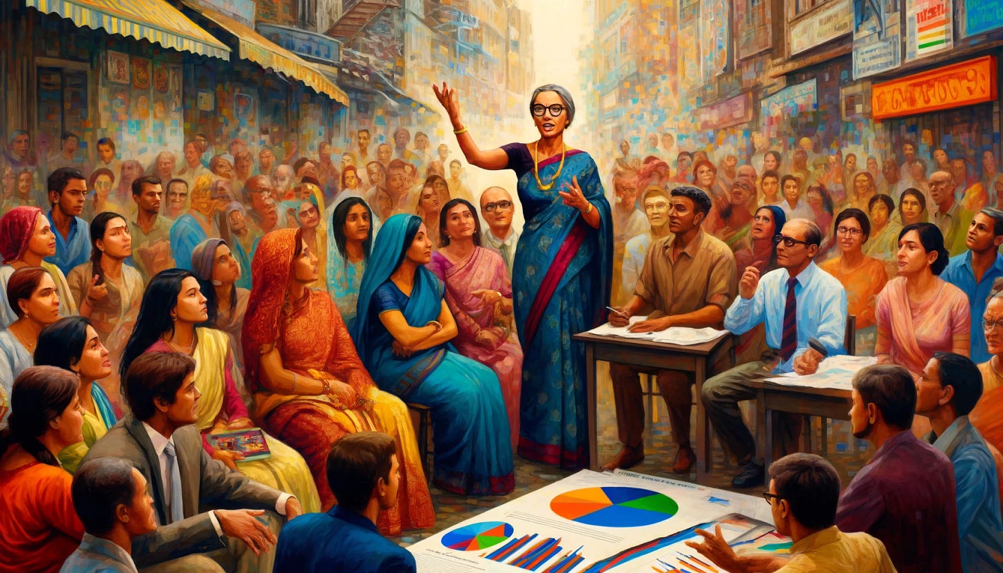 An expressionist style wide painting set in an Indian city street. The scene depicts a lively discussion between a female Indian economist and a group of Indian citizens. The economist, a middle-aged Indian woman with glasses, is dressed in an elegant sari and gestures passionately towards colorful graphs and charts. Around her, a diverse group of Indian citizens, including women in saris and men in kurtas, listens intently and debates enthusiastically. The background features elements typical of an Indian cityscape, vibrant and bustling.