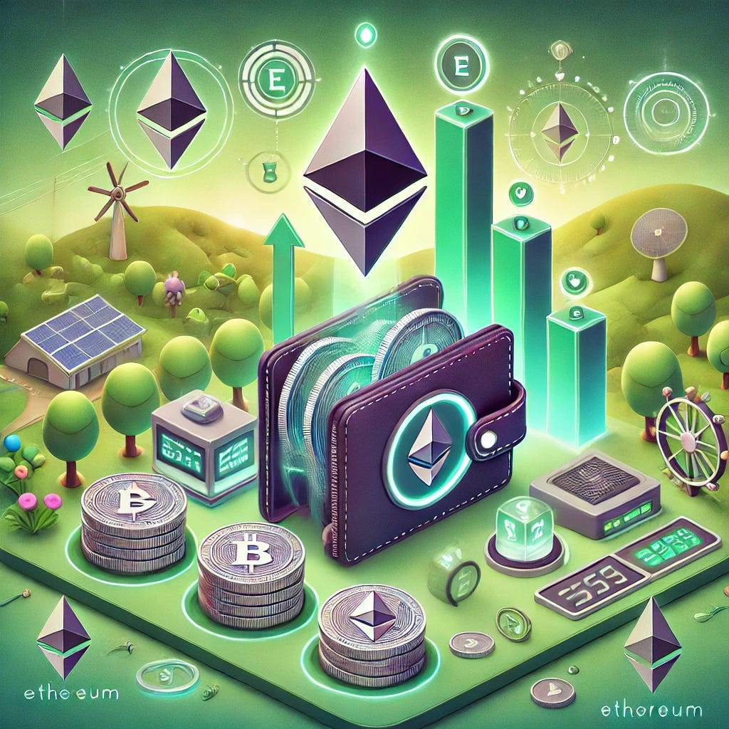 An infographic illustrating the concept of locking up cryptocurrency to earn interest, using only Ethereum logos and symbols. The design features a sleek and futuristic wallet or vault holding Ethereum tokens, with a clear arrow indicating the locking process. Above the wallet, a growing bar graph represents interest accumulation over time. The background is a vibrant, green utopian setting with eco-friendly, high-tech elements like solar panels and greenery. The Ethereum logos are subtly integrated into this harmonious, modern environment, with icons representing time passage (like clocks or calendar symbols).