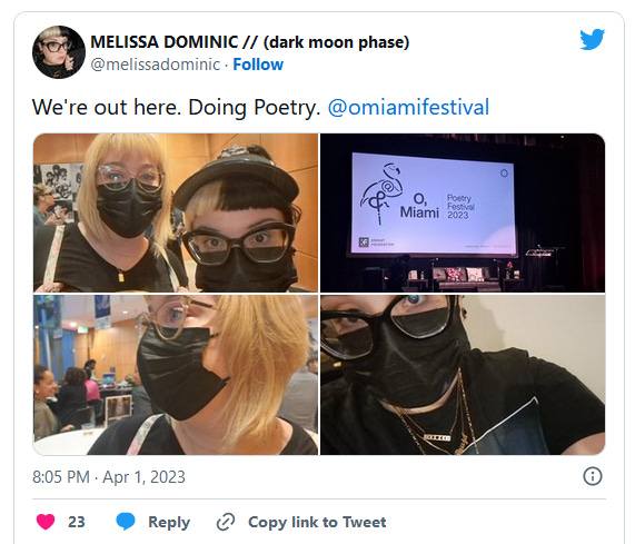 A screencap from Melissa's Twitter: "We're out here. Doing Poetry."