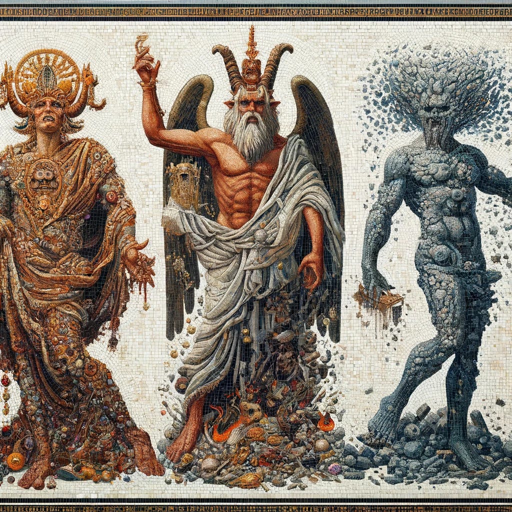Create a high-resolution ancient mosaic depicting three demonic beings symbolizing different modern evils. The first demon represents decadence, illustrated with excessive ornaments, lavish details, and a posture of indulgence. The second demon embodies authoritarianism, shown as a towering figure with a stern, commanding appearance, and symbols of power and control. The third demon symbolizes nihilistic destruction, portrayed through a form that appears to dissolve or fragment, with parts of it seeming to break away, emphasizing a sense of disintegration and chaos. The mosaic uses intricate tesserae to enhance the details and vibrancy of each figure, reflecting a deeper, more nuanced interpretation of evil.