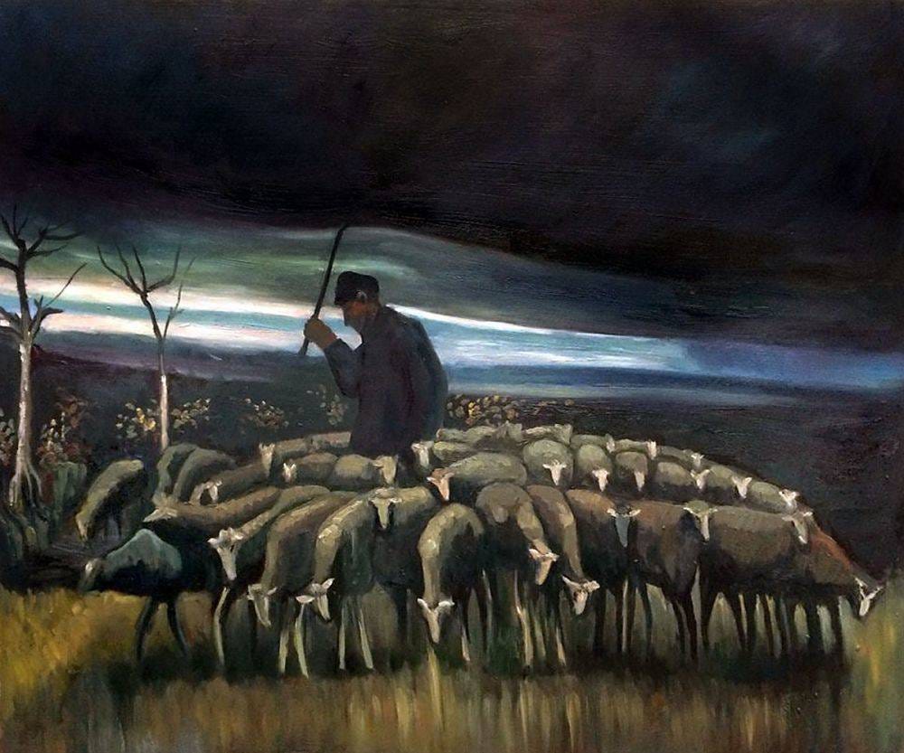 Shepherd with a flock of Sheep Reproduction - Canvas Art & Reproduction Oil  Paintings