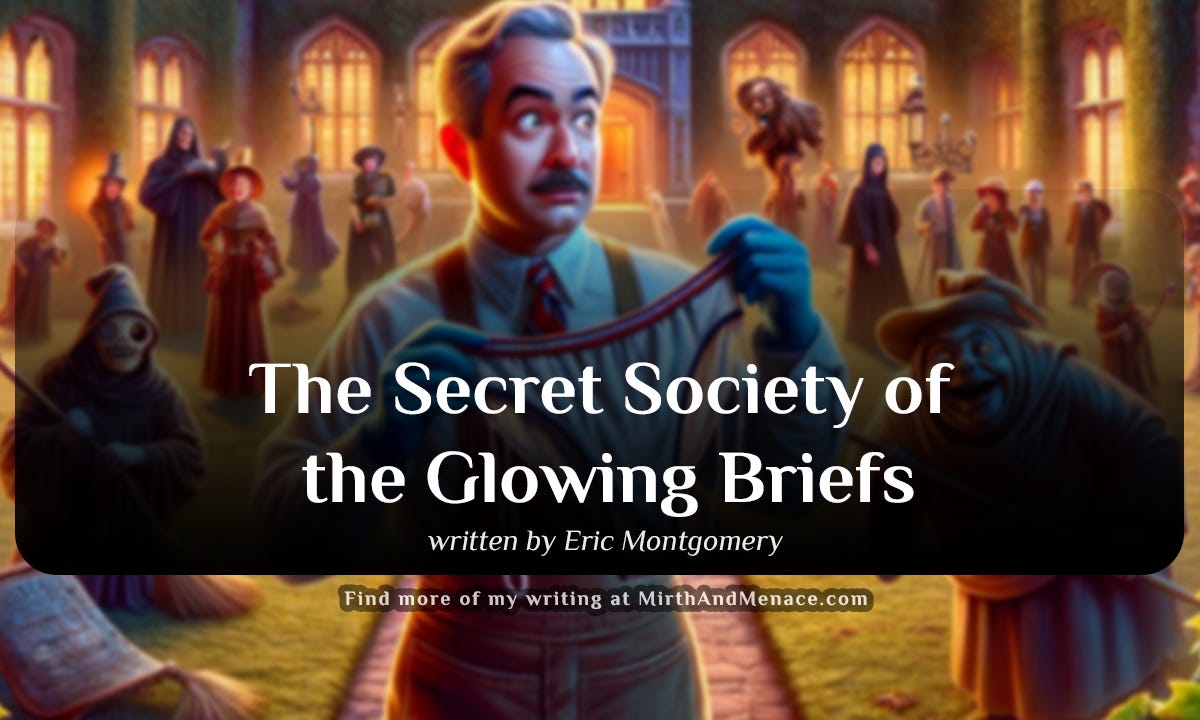 An Ai generarted image that shows a janitor holds glowing briefs in a twilight college courtyard, surrounded by amused secret society members and whimsical, spooky elements; used as cover art for the short story "The Secret Society of the Glowing Briefs" written by Eric Montgomery, March 2024. www.mirthandmenace.com
