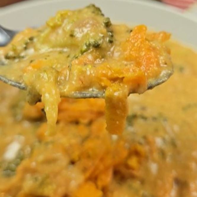 Whole Food Plant-based Broccoli Cheddar Cheese Soup close up