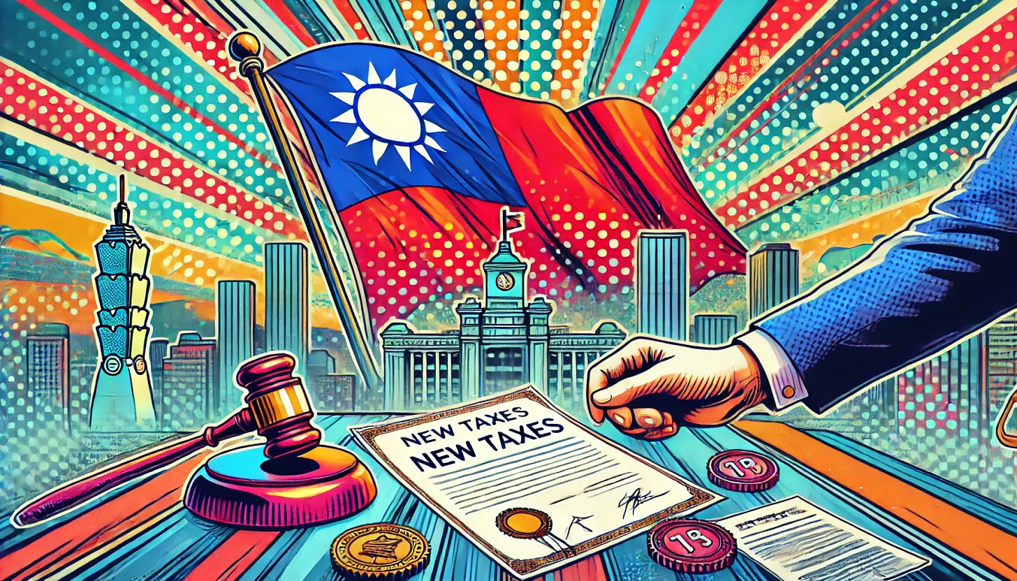 A vibrant pop-art style illustration depicting the concept of new taxes in Taiwan. The image includes a prominent Taiwanese flag in the background, symbolizing the national impact of these taxes. The scene captures the essence of a governmental announcement, with symbolic elements like documents, seals, and a gavel visible. The style is dynamic and colorful, fitting the pop-art theme, all set against a bustling cityscape indicative of Taiwan's economic environment. The composition is horizontal, designed to match the 1920x1080 resolution requirement.