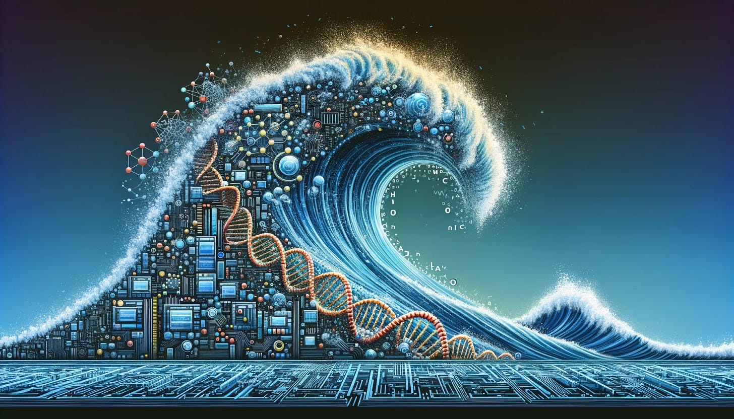 A creative depiction of a technological tsunami, embodying the power of artificial intelligence and genetic engineering. The image shows a towering wave formed from a mesh of digital circuits, code, DNA helices, and organic cells, encapsulating the immense potential and fusion of these two disciplines. The color scheme complements the main color #ee7835, ensuring the image adheres to a simple and engaging style suitable for a 2:1 aspect ratio. The design avoids complexity and clashing visuals, focusing on a harmonious blend of elements.