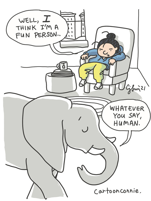 Comic illustration of an introvert in cozy clothes staying at home in the winter with an elephant, by Connie Sun, cartoonconnie, sketchbook drawing, elephant comic strip