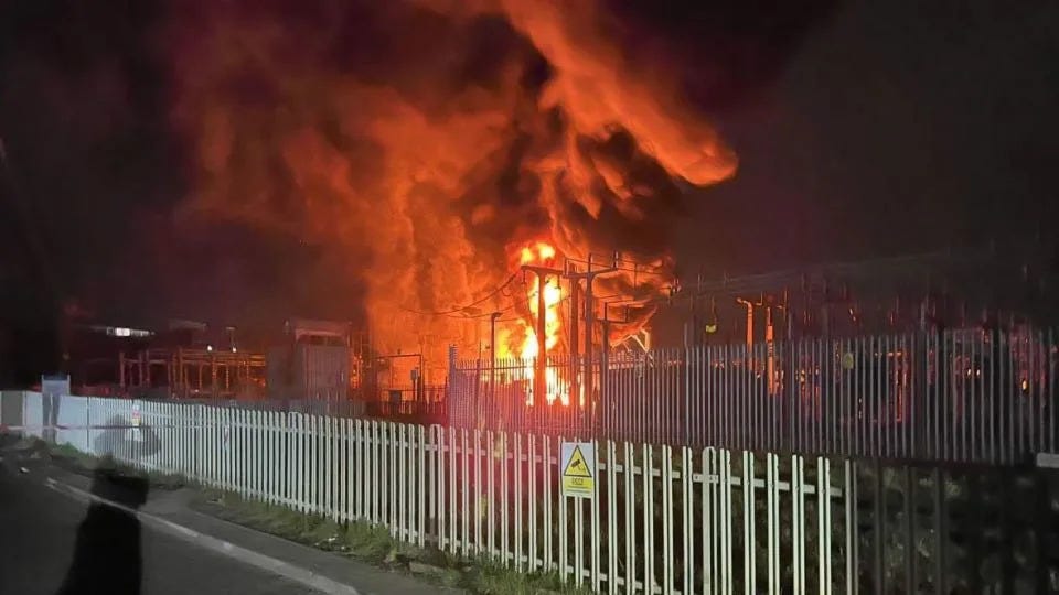 This image shared by the London Fire Brigade shows flames at an electrical substation supplying Heathrow Airport, on Friday. - London Fire Brigade/X This image shared by the London Fire Brigade shows flames at an electrical substation supplying Heathrow Airport, on Friday. - London Fire Brigade/X