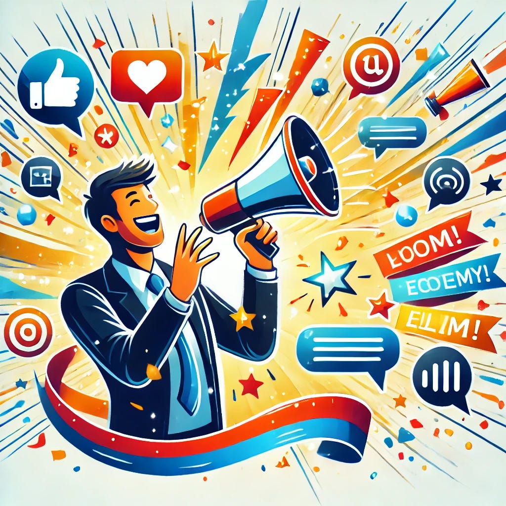 An illustration depicting the excitement of an announcement. Show a person or character in an enthusiastic pose, with elements like a megaphone, confetti, and glowing lights to emphasize the excitement. Include symbols like speech bubbles or notifications to represent the act of sharing big news. Use bright, dynamic colors to convey energy and anticipation. No text.