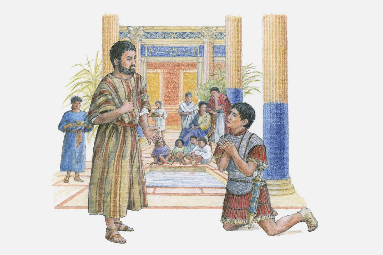 An illustration of the centurion Cornelius begging Peter to baptize him. There is a building with a pool and people sitting around the pool in the background.