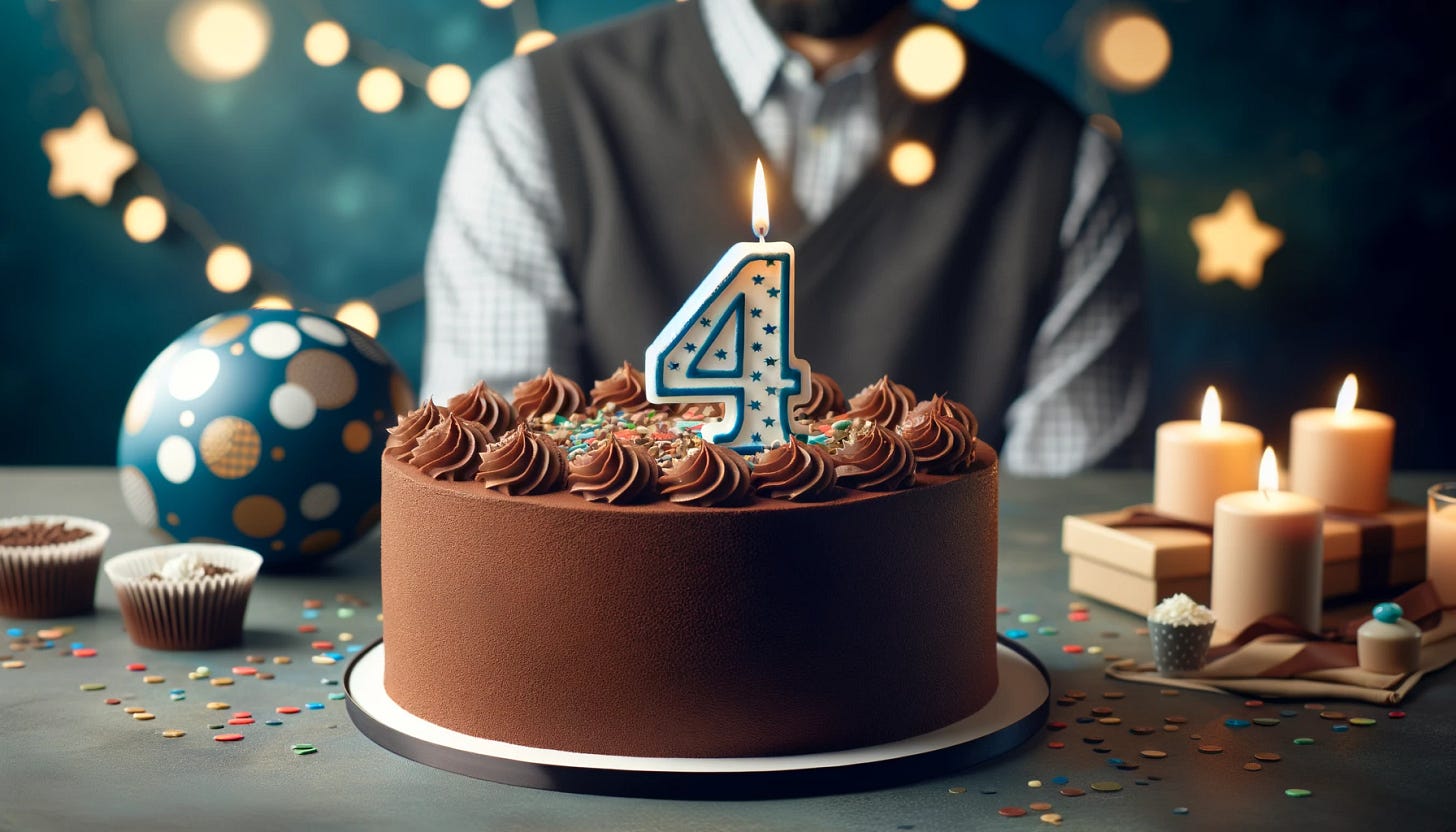 A chocolate birthday cake with a lit candle in the shape of the number 4 on it. The cake is decorated with festive but more subdued and mature icing and sprinkles, and it is placed on a table with a celebratory background in adult male colors, such as navy blue, grey, and dark green.