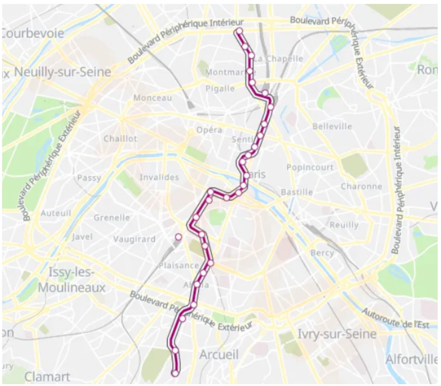 Map of Paris' Line 4, showing it extending across the city