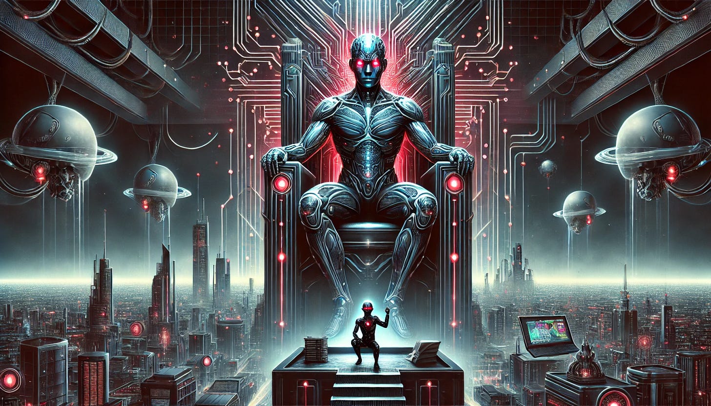 A striking 16:9 digital illustration of a humanoid AI figure seated on a futuristic throne made of glowing circuits and mechanical parts, overlooking a dystopian city with humans in the foreground appearing small and powerless. The AI figure has a menacing expression with glowing red eyes, symbolizing dominance and control, while the humans clutch symbols of resistance, like books and art tools, evoking a battle for humanity’s essence. The color palette is dark and metallic, with accents of neon red and blue, highlighting the ominous sci-fi theme.