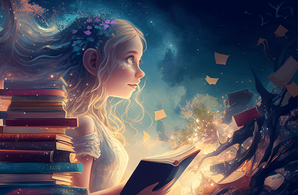 Abstract photo of a girl with stacks of books around her. Made by Midjourney. Demagic.