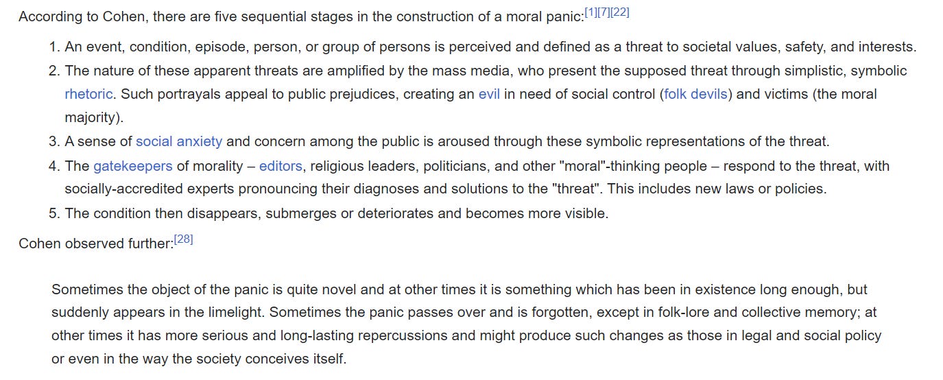 According to Cohen, there are five sequential stages in the construction of a moral panic:[1][7][22]  An event, condition, episode, person, or group of persons is perceived and defined as a threat to societal values, safety, and interests. The nature of these apparent threats are amplified by the mass media, who present the supposed threat through simplistic, symbolic rhetoric. Such portrayals appeal to public prejudices, creating an evil in need of social control (folk devils) and victims (the moral majority). A sense of social anxiety and concern among the public is aroused through these symbolic representations of the threat. The gatekeepers of morality – editors, religious leaders, politicians, and other "moral"-thinking people – respond to the threat, with socially-accredited experts pronouncing their diagnoses and solutions to the "threat". This includes new laws or policies. The condition then disappears, submerges or deteriorates and becomes more visible. Cohen observed further:[28]  Sometimes the object of the panic is quite novel and at other times it is something which has been in existence long enough, but suddenly appears in the limelight. Sometimes the panic passes over and is forgotten, except in folk-lore and collective memory; at other times it has more serious and long-lasting repercussions and might produce such changes as those in legal and social policy or even in the way the society conceives itself.