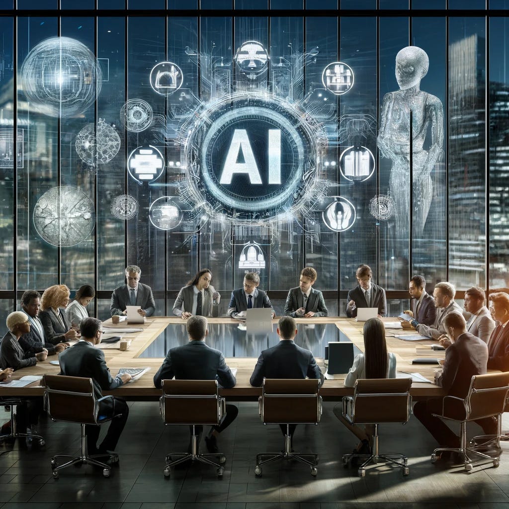 A conceptual image depicting a modern, structured approach to artificial intelligence regulations. The scene includes a large conference table with diverse professionals in business attire, discussing over documents and digital screens displaying AI models and regulatory texts. The background shows a futuristic cityscape through large windows, symbolizing progress and modernity. The atmosphere is focused and professional, with a clear emphasis on collaboration and technology.