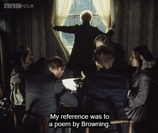 BBC still of seance group revealed by daylight, caption: "My reference was to a poem by Browning".
